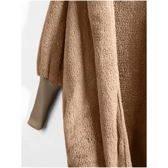 Cozy Tan Teddy Open Front Hoodie Jacket Coat - Picture 4 of 4